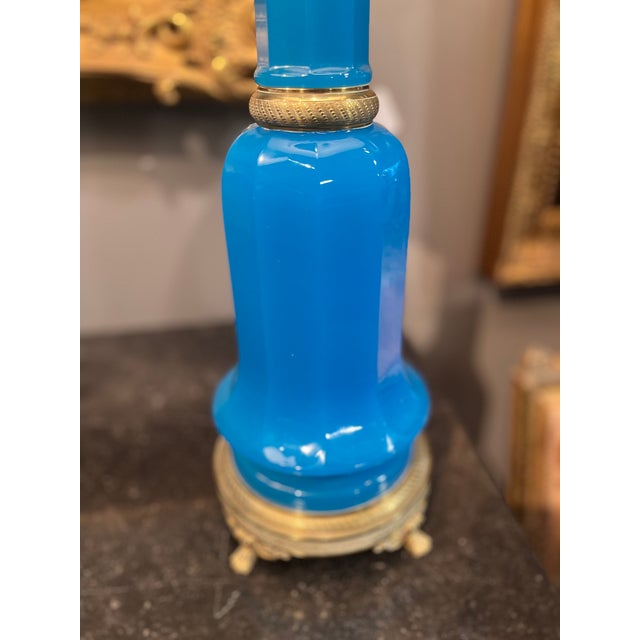 19th Century Pair French Blue Opaline Glass Lamps For Sale - Image 4 of 6