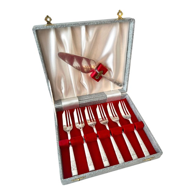 Silver Plate Dessert Forks with Server in Box - Set of 7 For Sale