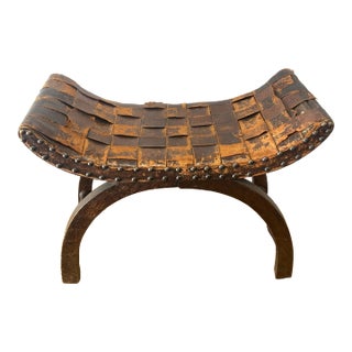 Vintage English Curule Bench With Woven Leather Top For Sale