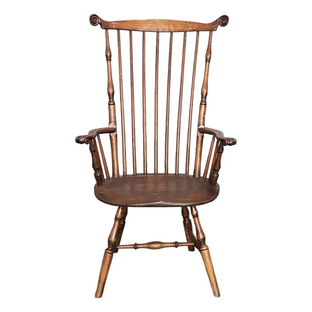 Antique 18th Century Fan Back Windsor Arm Chair Benchmade Carved Knuckles For Sale