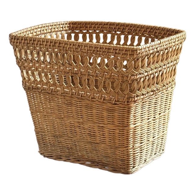 Mid-20th Century Boho Rectangular Wicker Wastepaper Basket For Sale