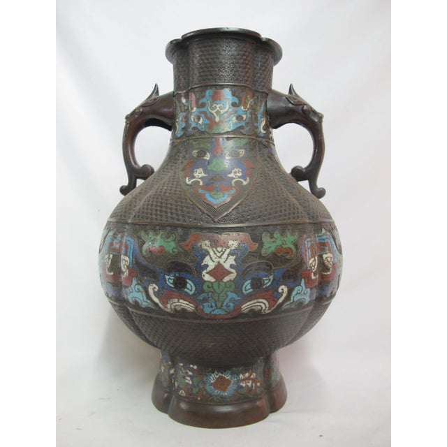Large Bronze Chinese Antique Champleve Double Elephant Handle Urn Vase For Sale - Image 9 of 9