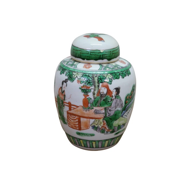 Chinoiserie 2 Antique Chinese Qing Famille Verte Porcelain Ginger Jars Mantel Urns For Sale - Image 3 of 18