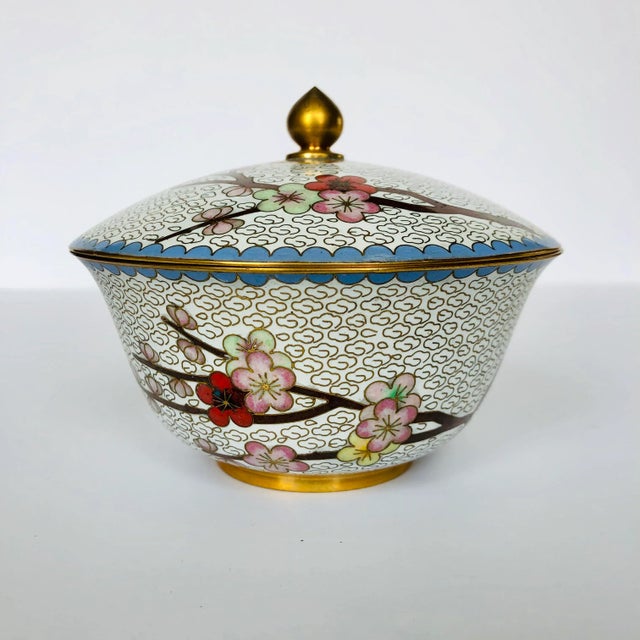 Vintage White Cloisonné Cherry Blossom Covered Dish For Sale In Buffalo - Image 6 of 6