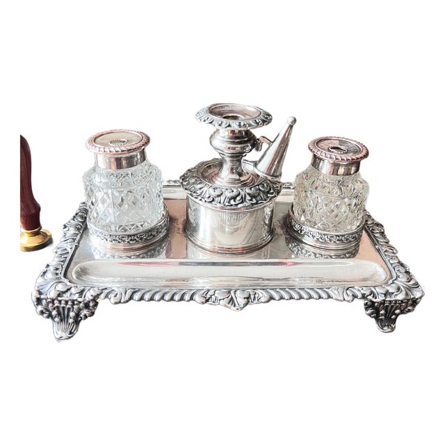 Set of 4, Antique silverplate inkwell stand with crystal diamond cut inkwells // pen and ink // desk accessory // silver on copper For Sale