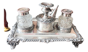 Set of 4, Antique silverplate inkwell stand with crystal diamond cut inkwells // pen and ink // desk accessory // silver on copper