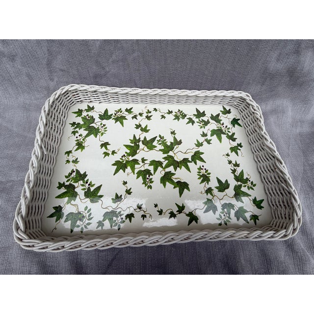 Vintage White Faux Wicker Green Ivy Vine Serving Tray For Sale - Image 13 of 18