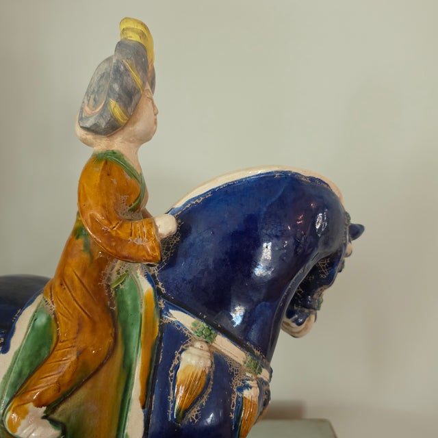 Chinoiserie Beijing Niren Zhang Tang Style Cobalt Sancai Glazed Horse & Rider Figurine - 17" For Sale - Image 3 of 16