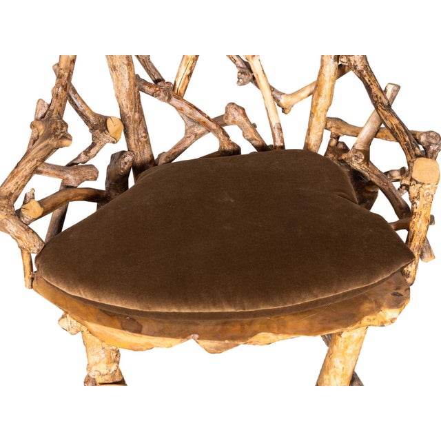 Handcrafted wooden chair made from weathered root and branches. New upholstered cushion. Derbyshire Circa 1950