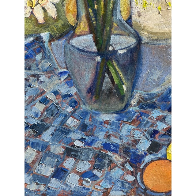 Cornflower Blue Expressionist Still Life Daffodils Original Oil Painting Hartman For Sale - Image 8 of 11