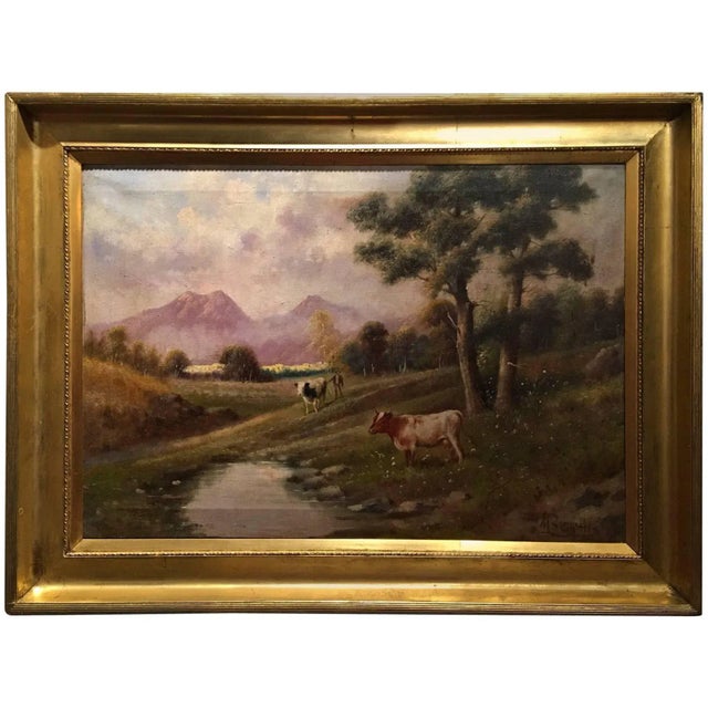 Italian Oil on Canvas by M Zampella, "Cows by Stream", Early 20th Century For Sale - Image 9 of 9