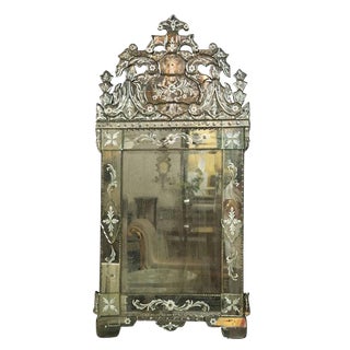 German Distressed Venetian Style Mirror Beautifully Cut Crest W/ Etching Detail For Sale