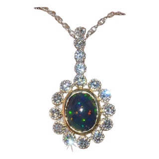 Certified Natural 2.77CTS VS F Diamond Black Opal 18K Solid Gold Pendant Necklace For Sale