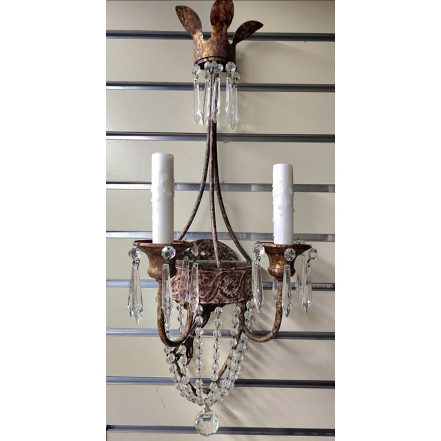 Traditional Pair Niermann Weeks 'Neapolitan' Crystal & Copper Metal Two-Light Wall Sconces For Sale - Image 3 of 8