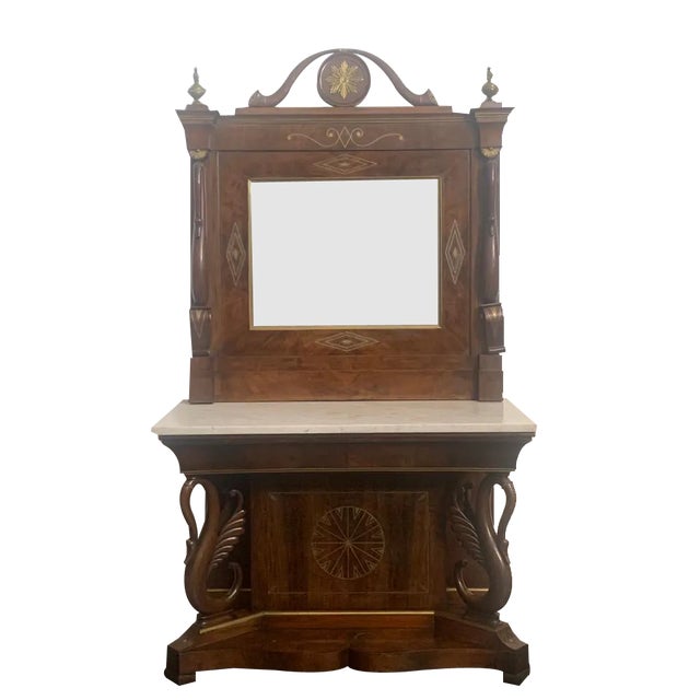 Console & Mirror in Inlaid Walnut with Brass Hardware, Set of 2 For Sale