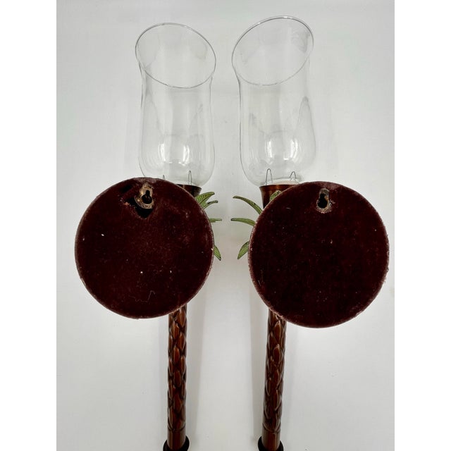 Vintage 1990s Metal Palm Tree Candle Wall Sconces With Glass Hurricane Shades - A Pair For Sale - Image 12 of 12