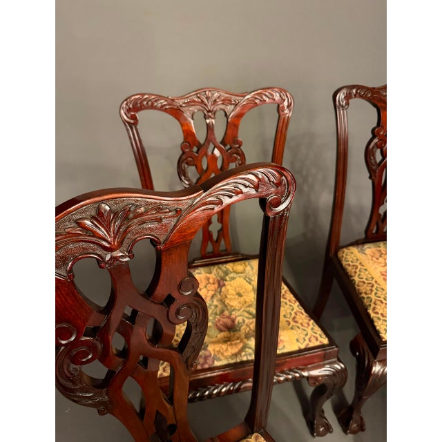 Antique Chippendale Style Mahogany Side Chair Set of 4 With Floral Upholstery, C. 1890 For Sale - Image 10 of 16