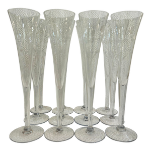 Vintage Perrier Jouet French Blown Glass Etched Champagne Flutes - Set of 12