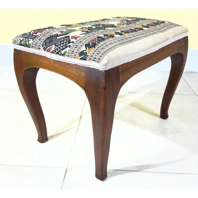 Vintage Boho Footstool – Hand Embroidery Suzani & Solid Wood. For Sale In Miami - Image 6 of 17