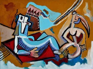 Mid 20th Century "Magic Rug Ride" Cubist Style Figurative Oil Painting