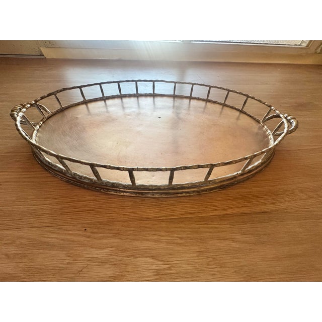 Mid-Century Modern Solid Brass XL Tray With Bamboo-Shaped Rails & Handles, Oval-Shaped For Sale - Image 3 of 12