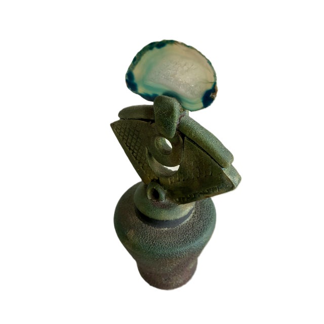 Signed Helene Fielder Raku Ceramic Pottery Vessel With Agate Lid / 1980s Art Studio Pottery / 80s Modernist Vase For Sale - Image 4 of 13