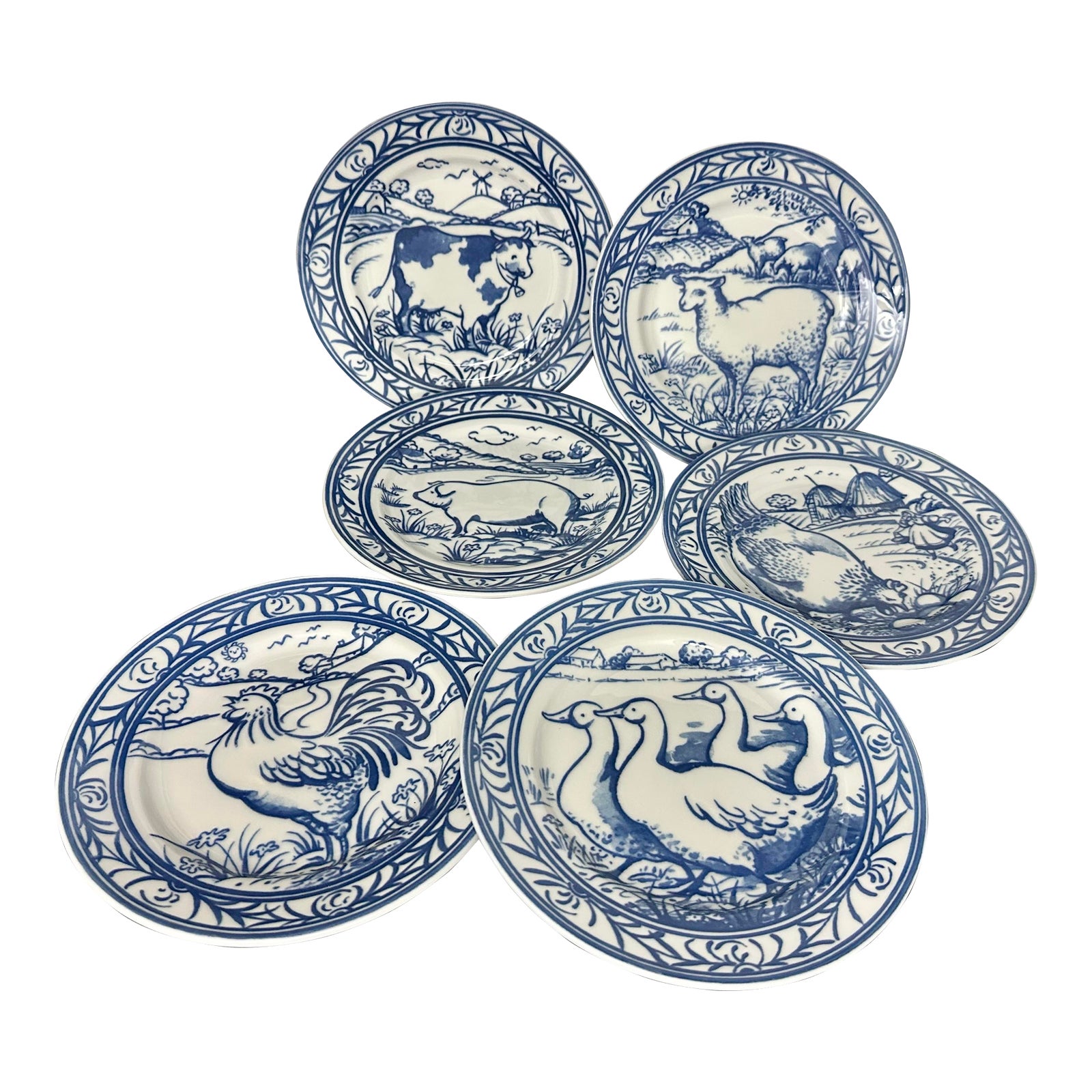 1980s Williams-Sonoma Brittany Blue & White Farm Scene Plates - 6