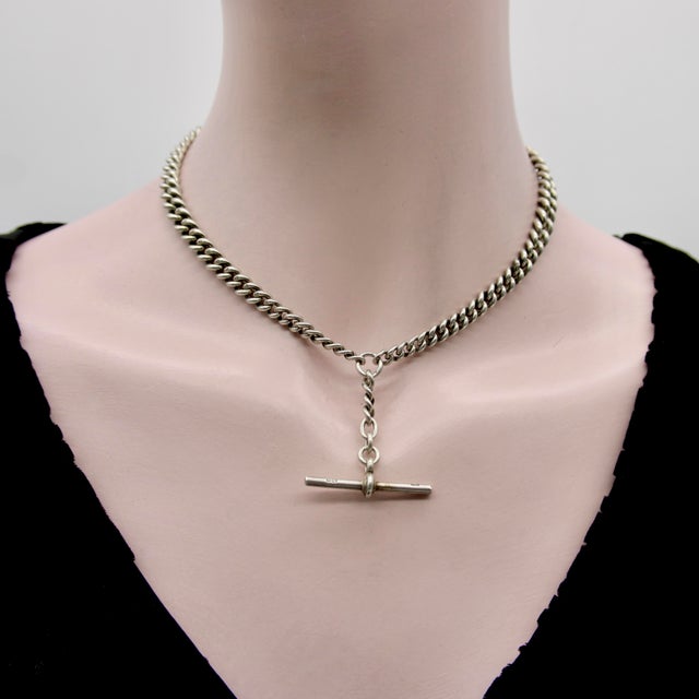 Metal 1920s Art Deco Sterling Silver Graduated Curb Link Watch Chain For Sale - Image 7 of 9