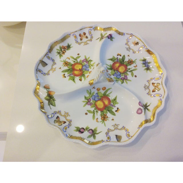Beautiful vintage I. Godinger white porcelain serving dish featuring a colorful botanical design on face of fruit and...