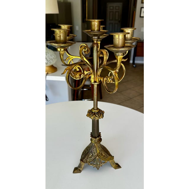 1920s Single Antique Gothic Revival Brass 6 Light Candelabra For Sale - Image 5 of 18