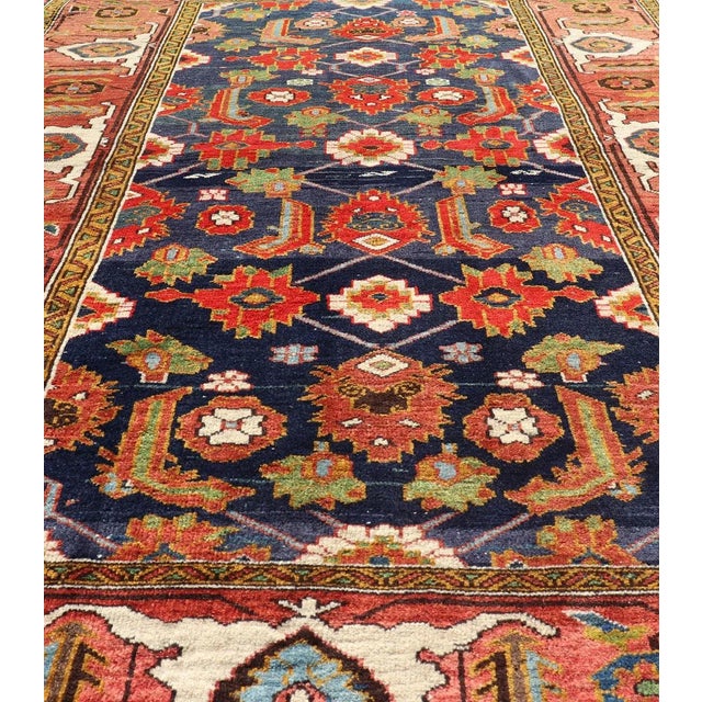 Traditional Early 20th Century Antique Caucasian Rug With All-Over Design in Royal Blue Field Soft Red & Green For Sale - Image 3 of 12