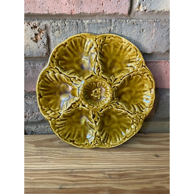 1950s French Gien Majolica Olive Green Oyster Plate For Sale - Image 14 of 15