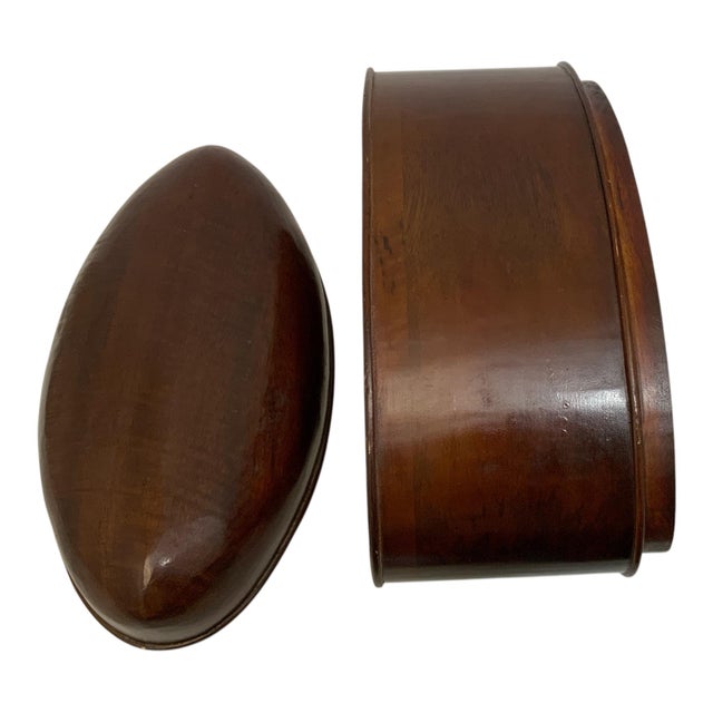 Antique English Figured Walnut Wood Oval Storage Box with Boat-Shaped Domed Lid &amp; Applied Moldings Made in England c....