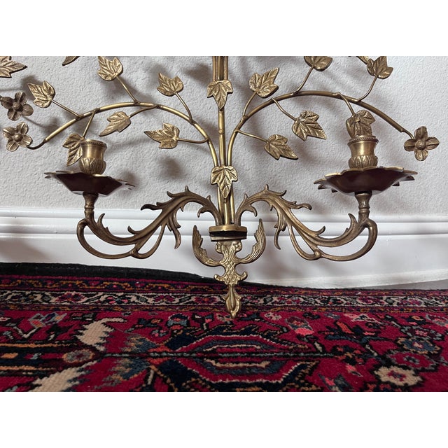 Pair of Hollywood Regency Style Brass and Metal Wall Sconce, Candlestick Holder, Vine Leaves Design, Candelabra For Sale In Dallas - Image 6 of 12