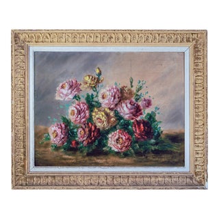 Early 20th Century Rose Still Life Oil Painting on Canvas, Framed For Sale
