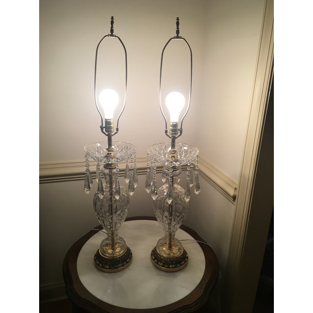 Pair Mid20th Century UrnShaped Crystal Chandelier Lamps With Hanging