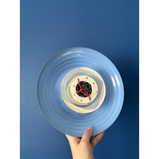 Vintage Blue Metal Wall Light with Opaline Globe 1970s Design Light Fixture For Sale - Image 4 of 9