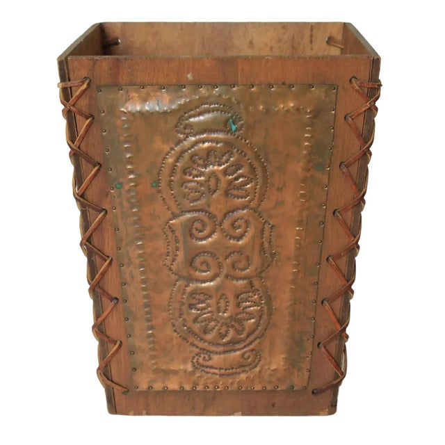 Arts & Craft Style Wood & Copper Waste Basket For Sale - Image 4 of 8