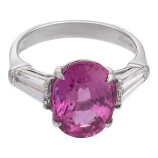 Mid Century Agl 4.34 Carat Pink Sapphire Diamond Platinum Ring, Size 4.5 For Sale