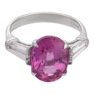 Mid Century Agl 4.34 Carat Pink Sapphire Diamond Platinum Ring, Size 4.5