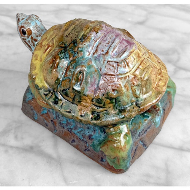 Vintage 1970s Stoneware Drip Glazed Turtle Garden Sculpture For Sale - Image 10 of 11