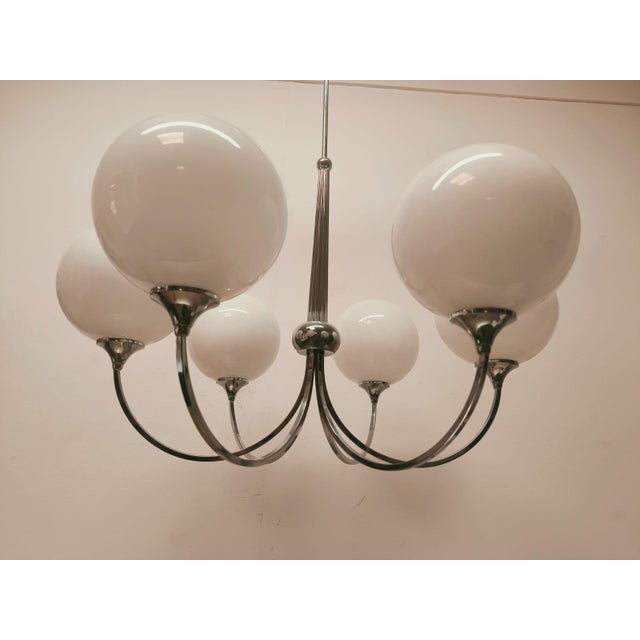 6-Light Chrome Chandelier with Glossy White Sphere Glasses, 1980s For Sale - Image 10 of 18