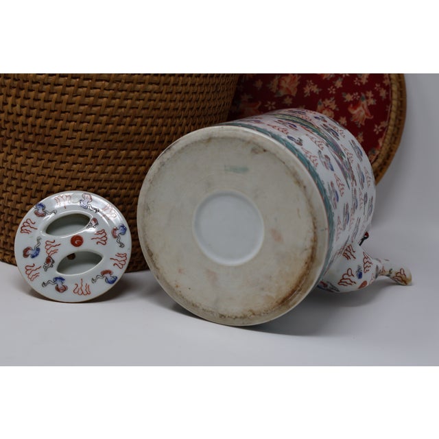 Antique Chinese Dragon & Phoenix Porcelain Teapot With Fitted Warming Basket For Sale - Image 15 of 18