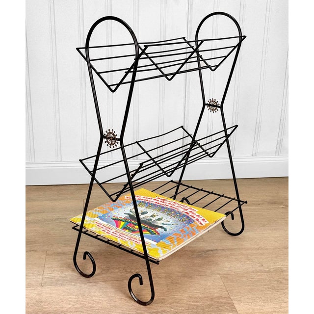 Vintage Atomic Sunburst Black Aluminum Magazine Rack Stand, c. Mid 20th Century - Pairs Nicely with Many Mid-Century &...