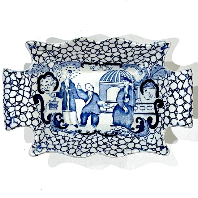 Chinoiserie Rare 1920's Blue & White Adams Chinese Bird With People Scalloped Pickle Dish For Sale - Image 3 of 10