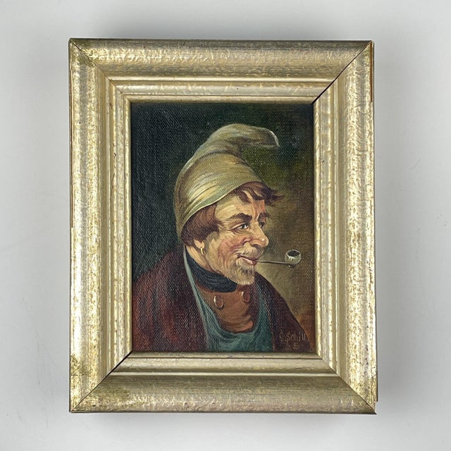 G. Schill, Portrait of Man in a Nightcap with a Pipe, 1930s, Oil on Canvas, Framed For Sale - Image 14 of 14