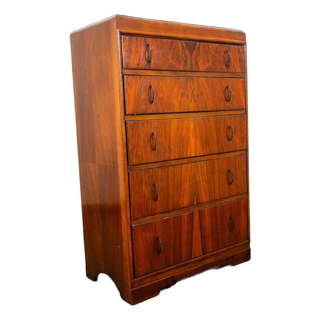 Mid Century Modern Highboy Dresser 5 Drawer Walnut Vintage MCM Metal Burl Wood For Sale