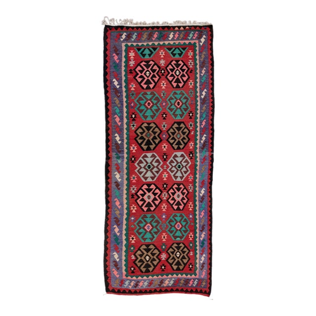 1960s Vintage Turkish Kilim Multicolor Handmade Tribal Wool Runner For Sale