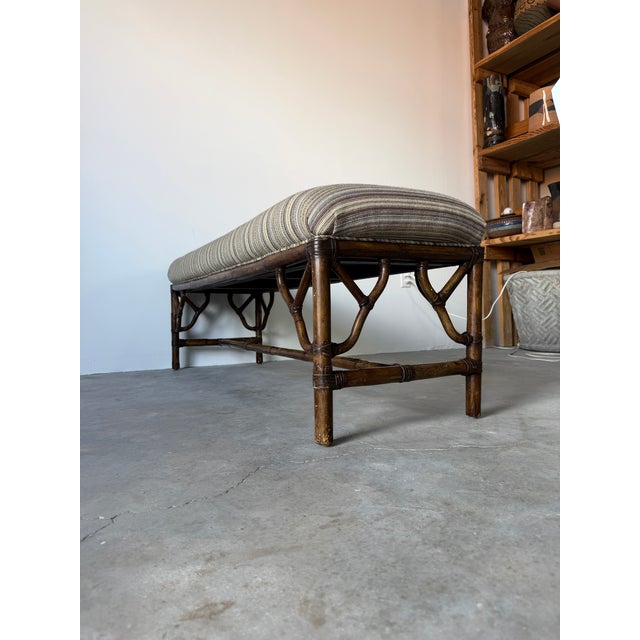 Vintage McGuire Style Bamboo & Leather Binding Upholstered Bench For Sale - Image 11 of 18