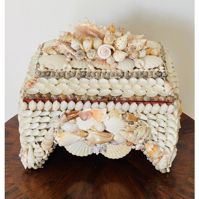 Fabulous large Sailors Valentines richly encrusted with preselected Florida sea shells treasure chest box.